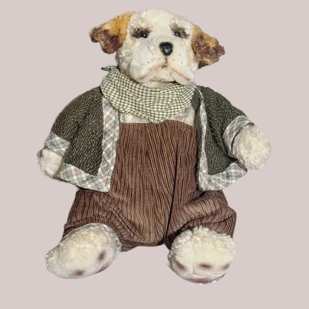 Vintage Y2K Hugfun Dog Plush Corduroy Overalls Green Plaid‎ Scarf Stuffed Animal